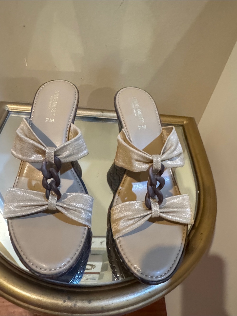 Nine West Metallic Gold Chain Front Wedge Mules